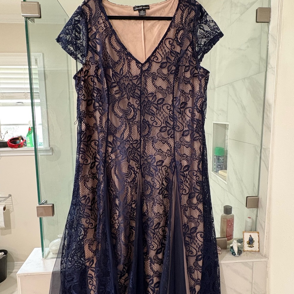 Elegant Navy Lace Overlay Dress